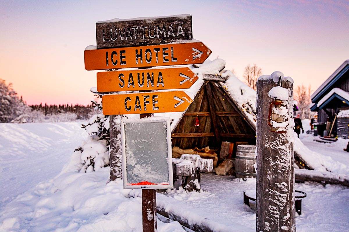 Signposts in an ice hotel, in Lapland, Finland.