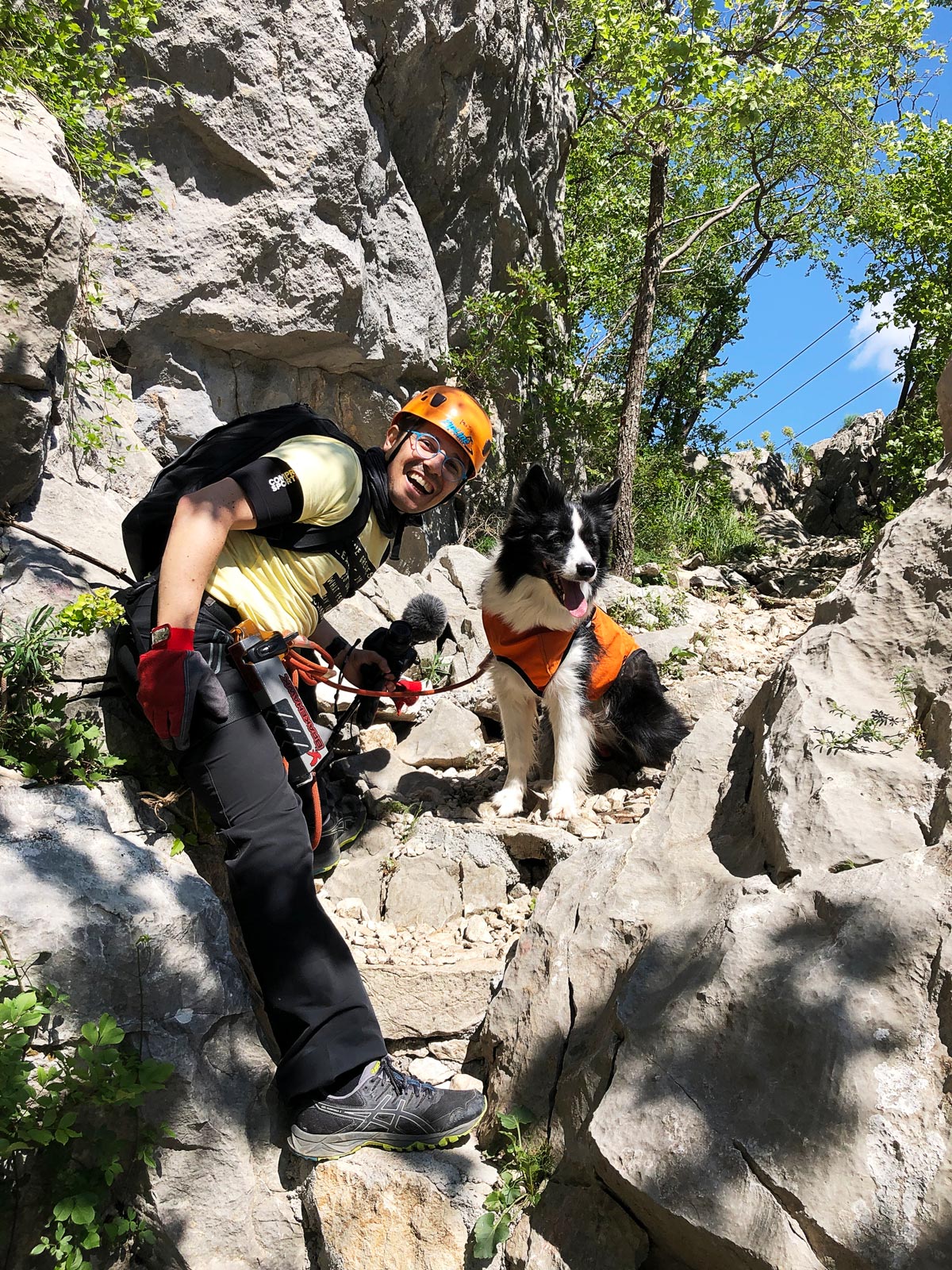 Pedro and Rafa on a rock before starting the zipline in Croatia