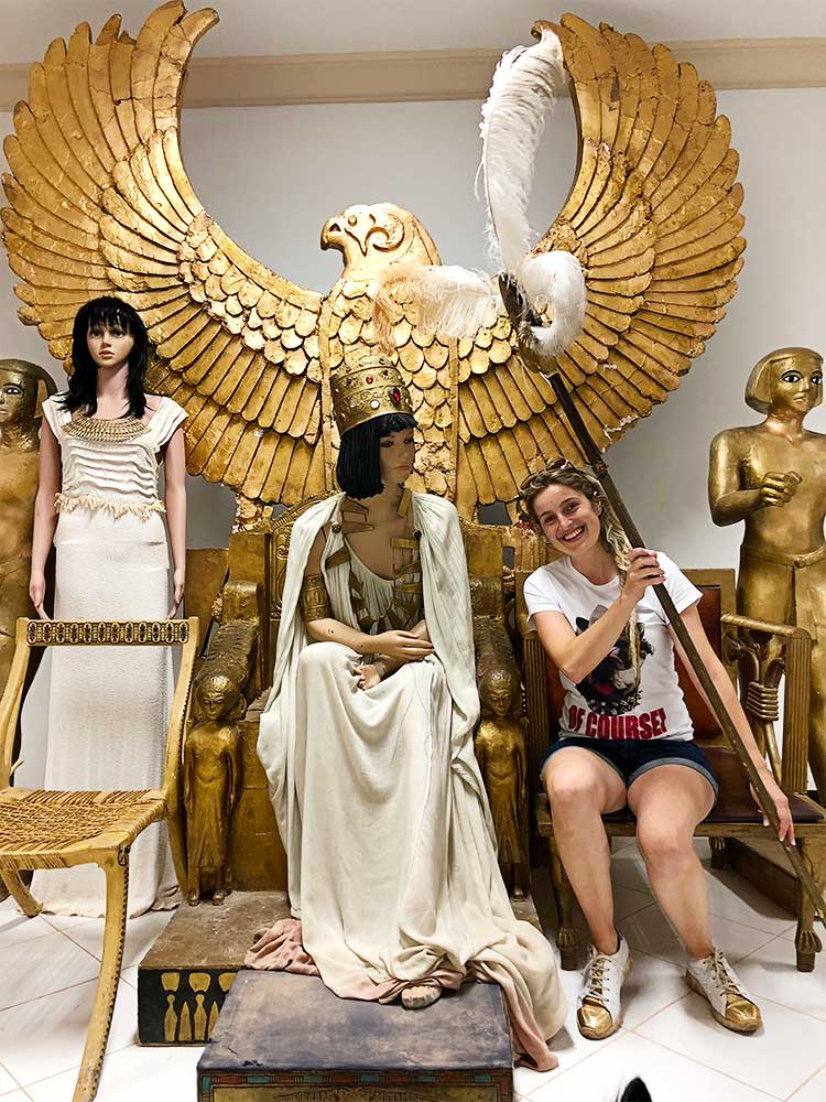 Sara with the figure of Cleopatra and her props, at CLA Studios