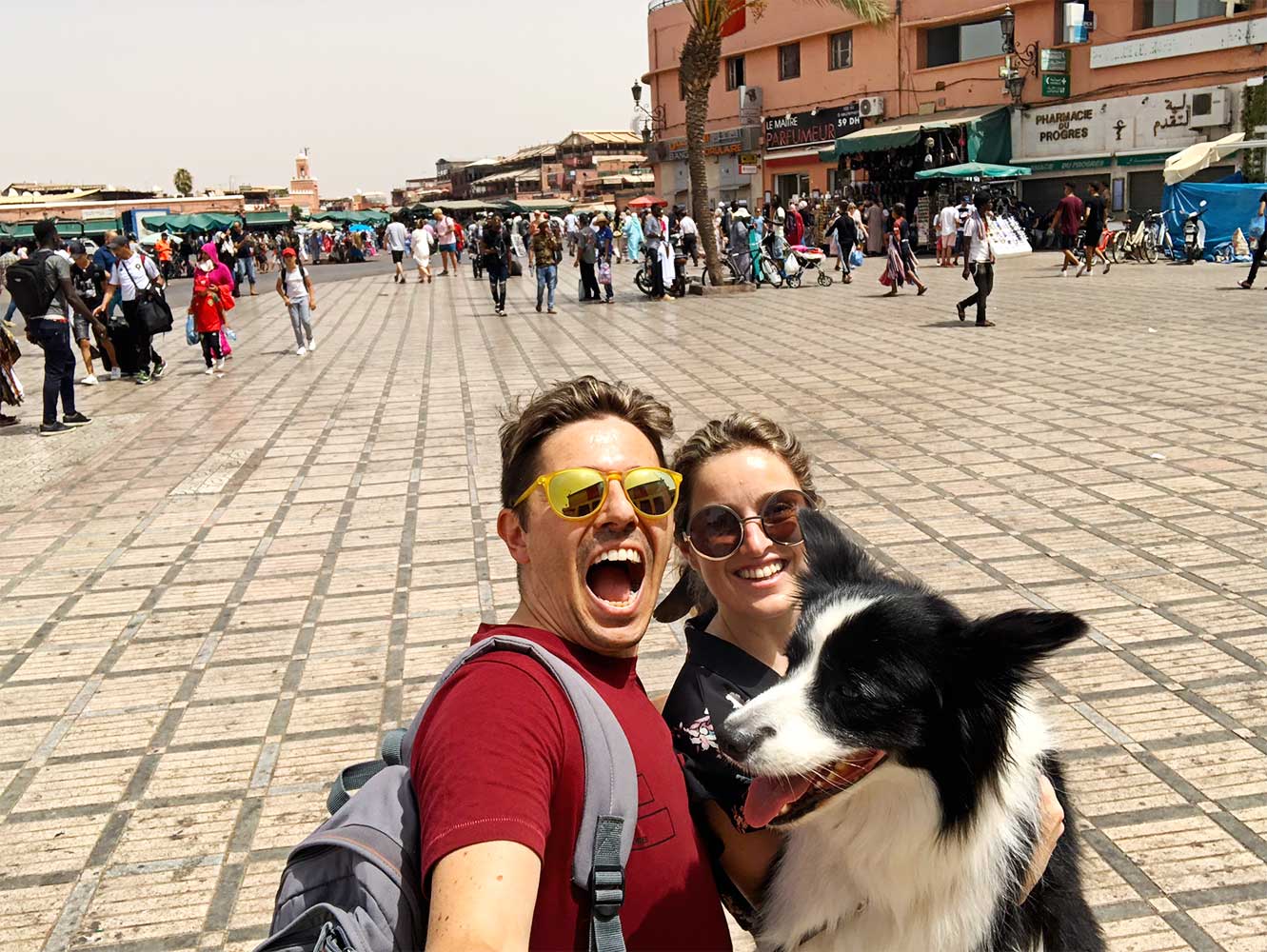 Pedro, Sara and Rafa next to the Jemaa el Fna market in Marrakech