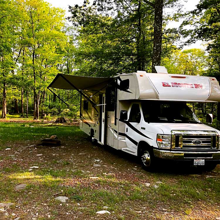 Motorhome in the woods during a roadtrip between the US and Canada