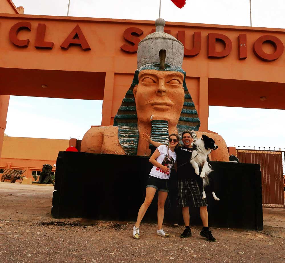 Sara, Pedro and Rafa at the entrance of CLA Studios, in Morocco.