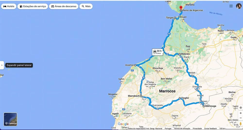 Route map made by TUGA.ME during the trip to Morocco.