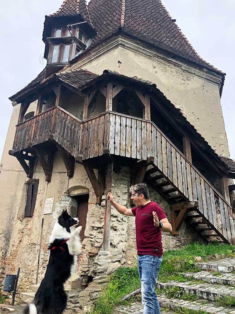 Pedro e Rafa a brincar junto a um edifício antigo em Sighisoara.