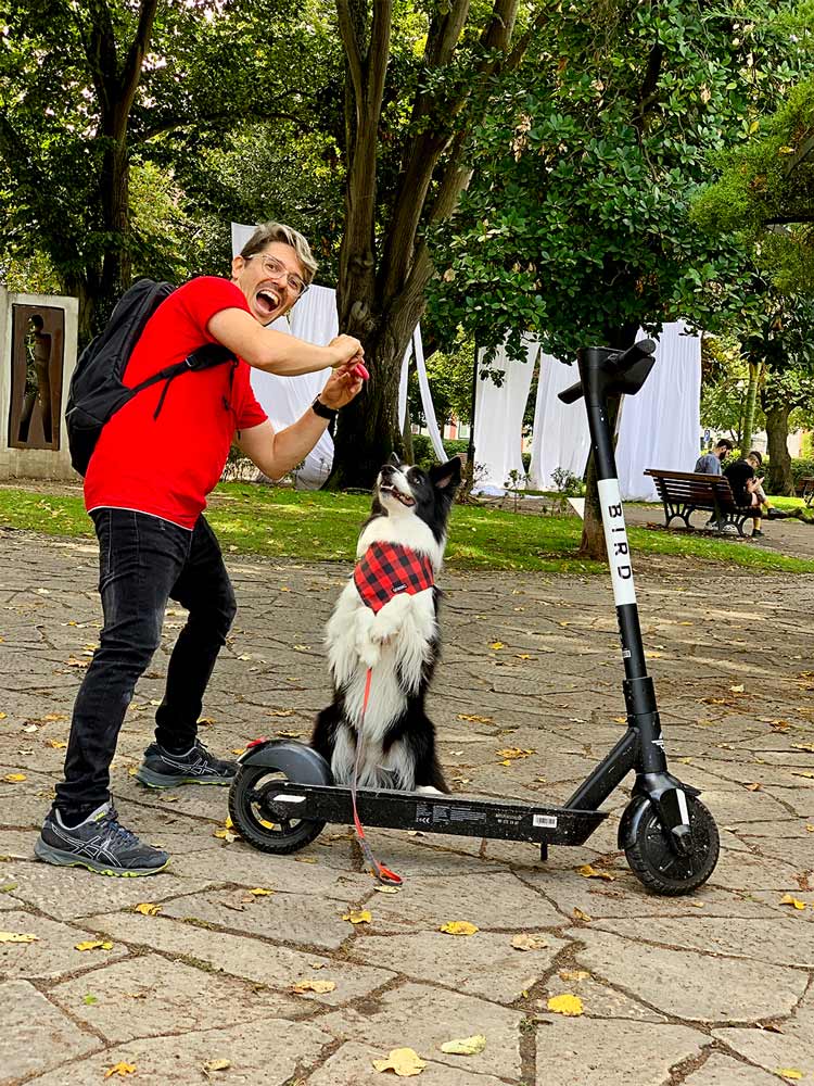 Pedro and Rafa with a Bird scooter in Lisbon