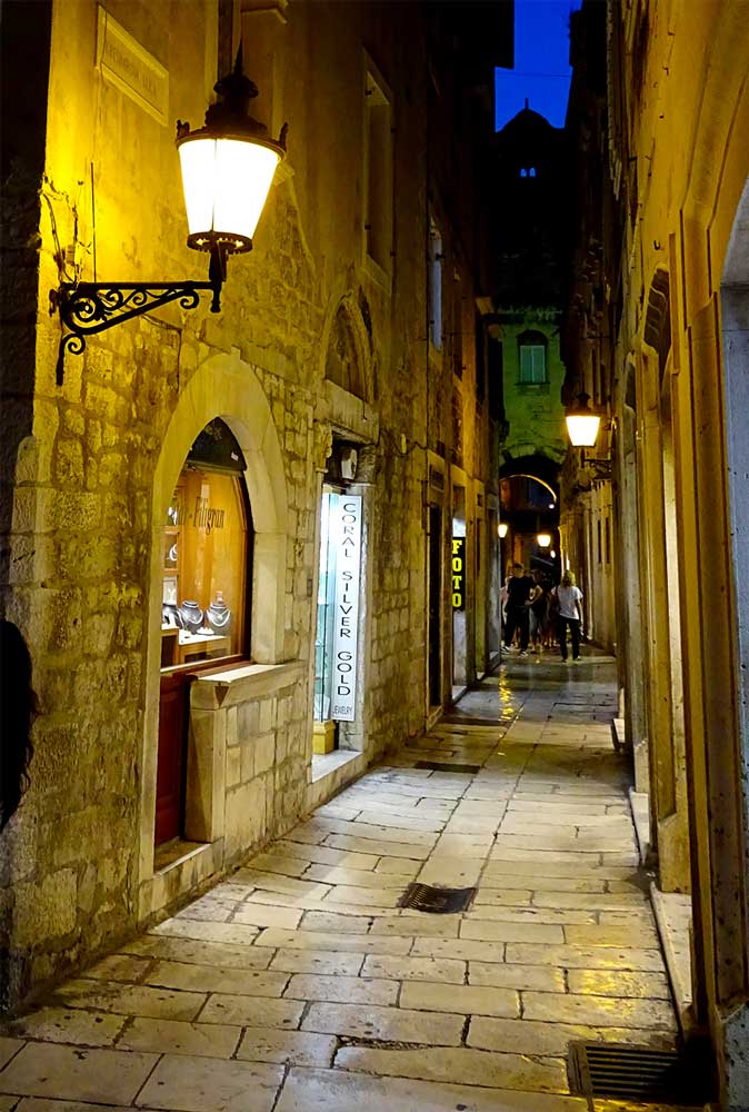 Split historic street at night
