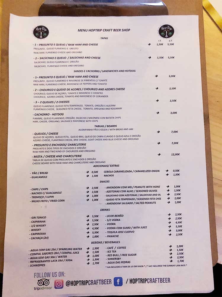 Menu do Hop Trip Craft Beer com cerveja para cães, no Porto.