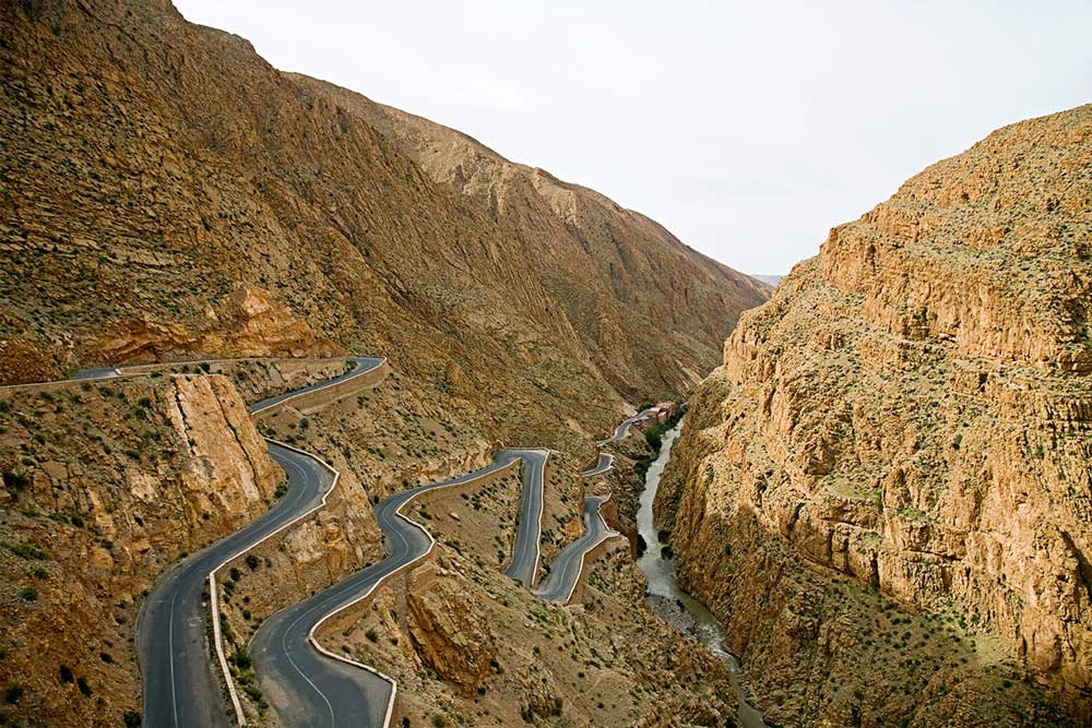 View of the Gorges du Todra with curving roads and the Todgha River below.