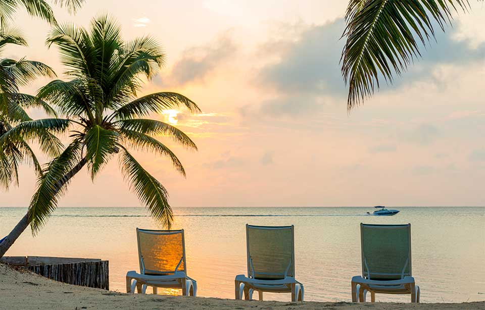Praia com 3 espreguiçadeiras, uma palmeira e um barco no horizonte.